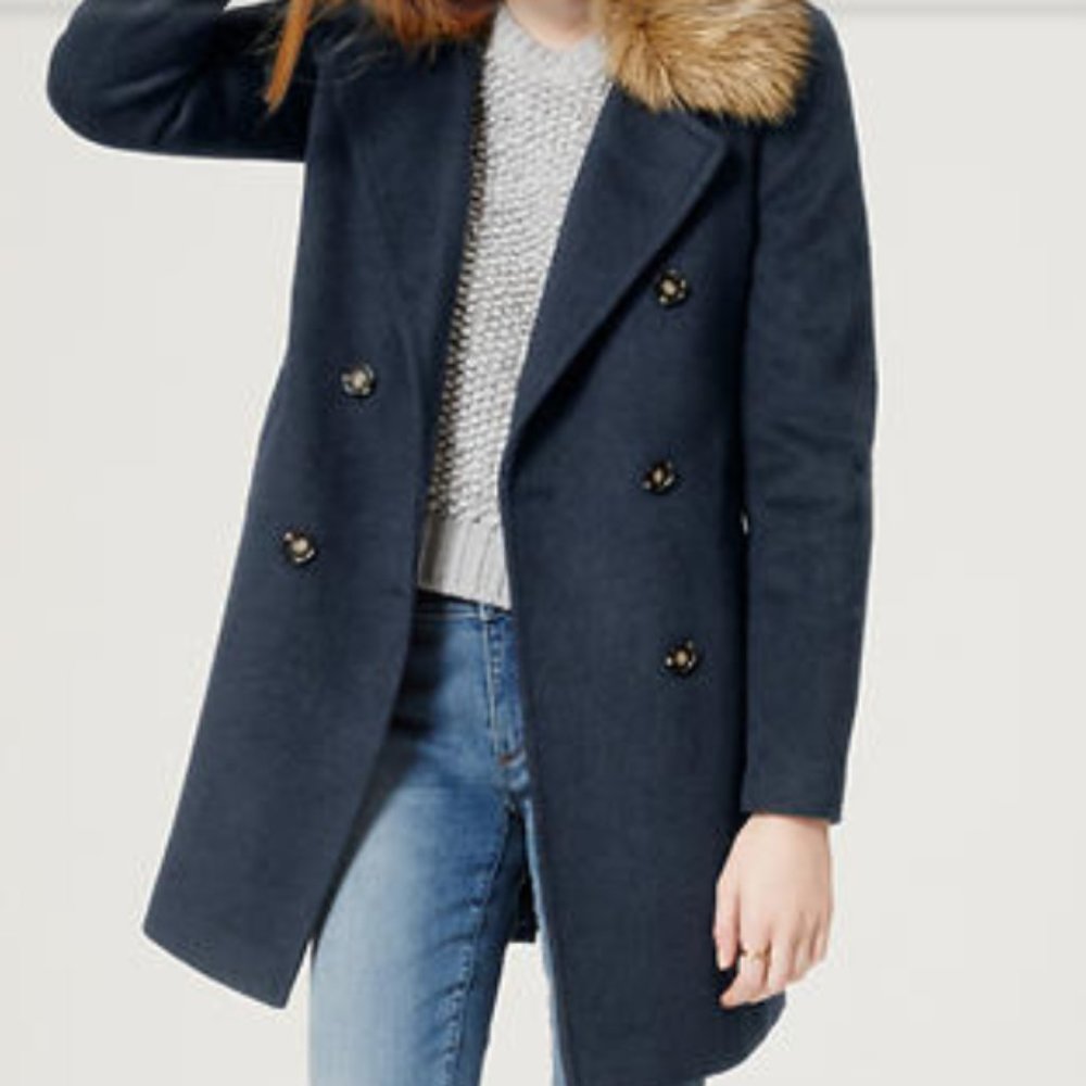 NWT-S,M,XL- Ann Taylor Loft Faux Fur Collar Coat - Forever Navy
